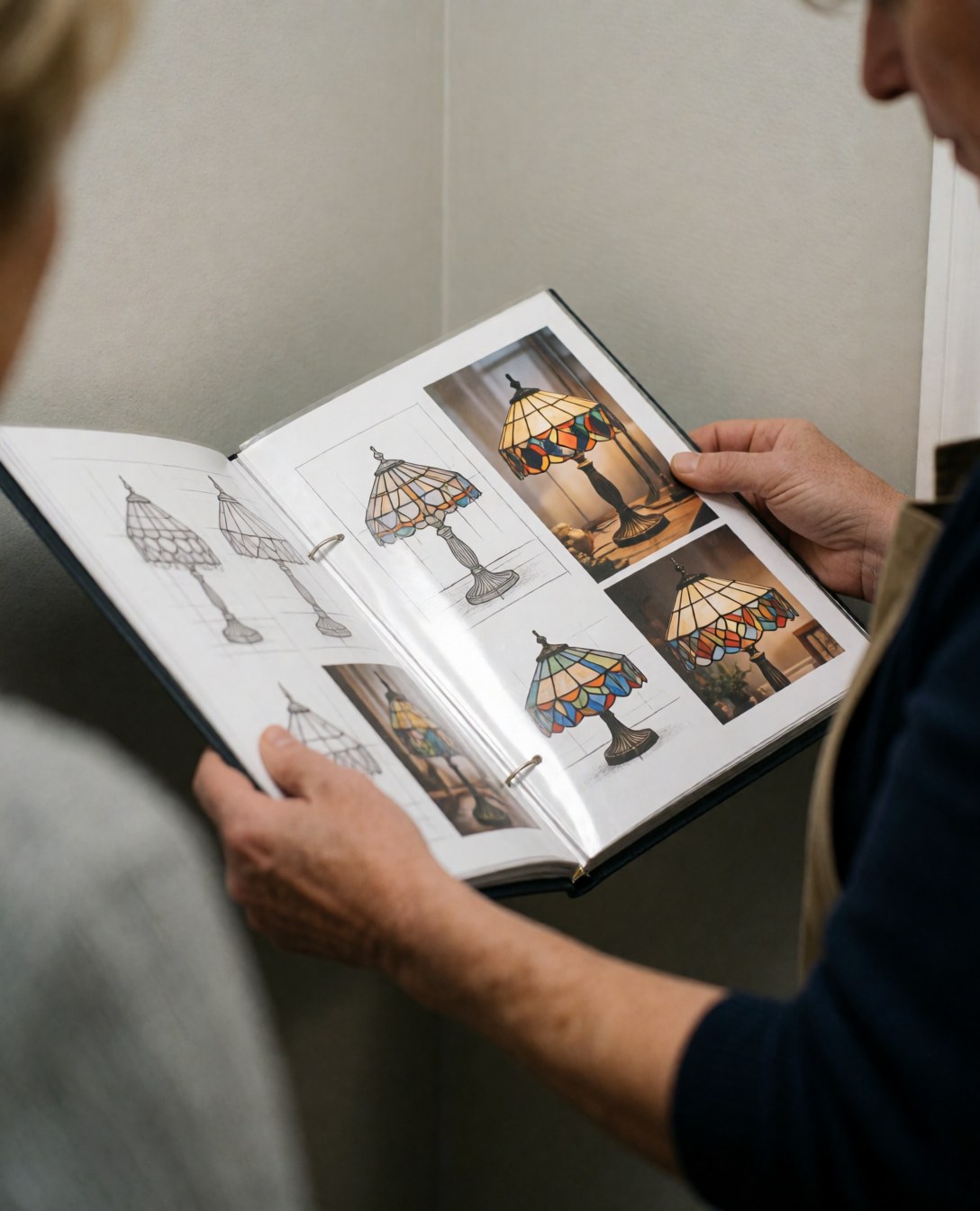 A client and professional review a book with crystal lamp designs and photos in a workshop with visible hands and tools