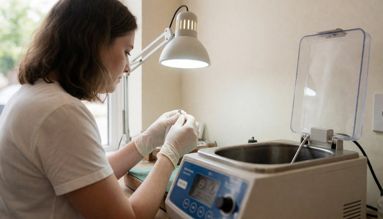 A close-up view of a jeweler inspecting a cleaned ring under bright work lighting to ensure quality and precision in the restoration process