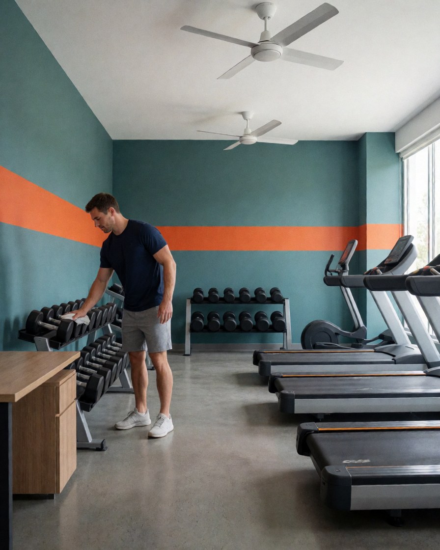 A man cleans dumbbells in a tidy gym with teal walls, orange accents, treadmills, and gray flooring. Natural light fills the clean, organized space.