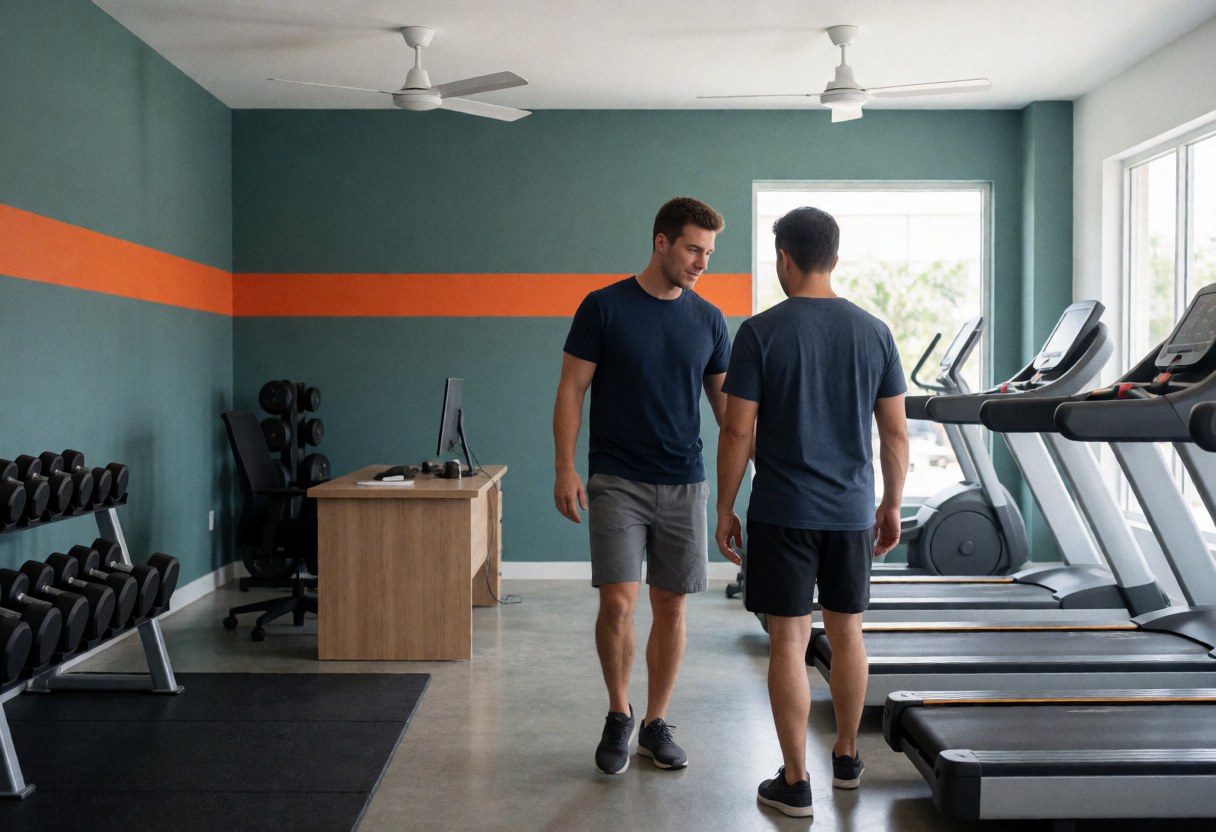 Gym owner helping a client exercise in a small modern studio with teal walls, gray floors, and natural light.