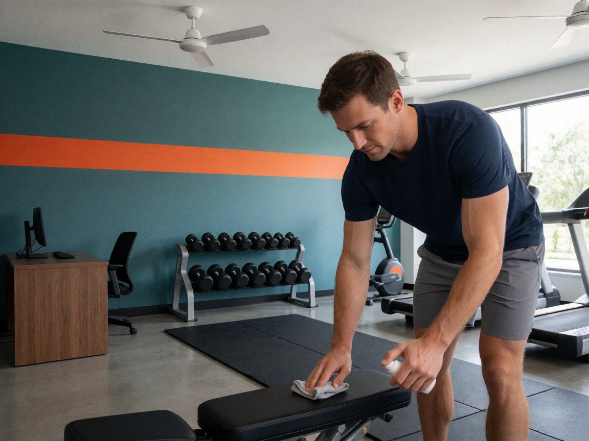A man wipes down a weight bench in a gym with teal walls, gray floor, and visible exercise equipment like fans and treadmills in the background.