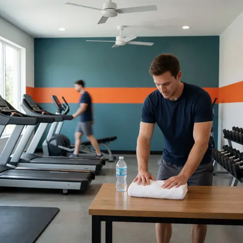 A clean and modern home gym interior featuring a treadmill, a towel, and water bottles, ready for a workout session with teal walls and gray flooring