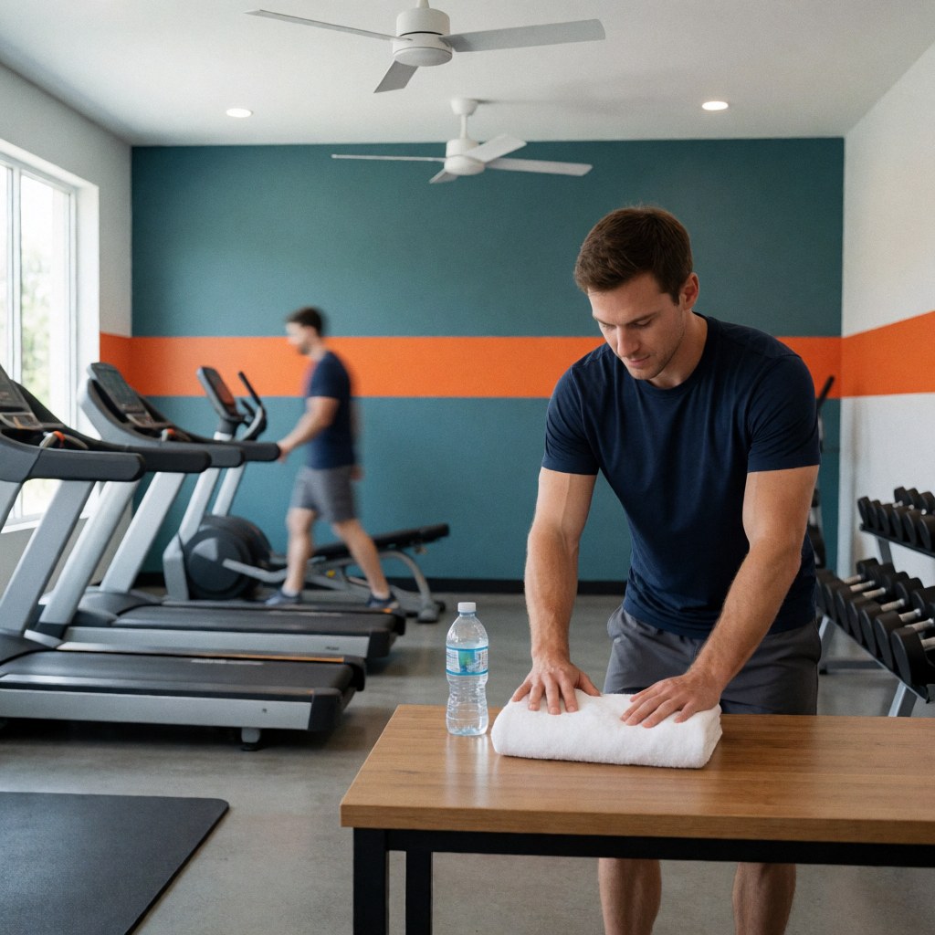 A clean and modern home gym interior featuring a treadmill, a towel, and water bottles, ready for a workout session with teal walls and gray flooring
