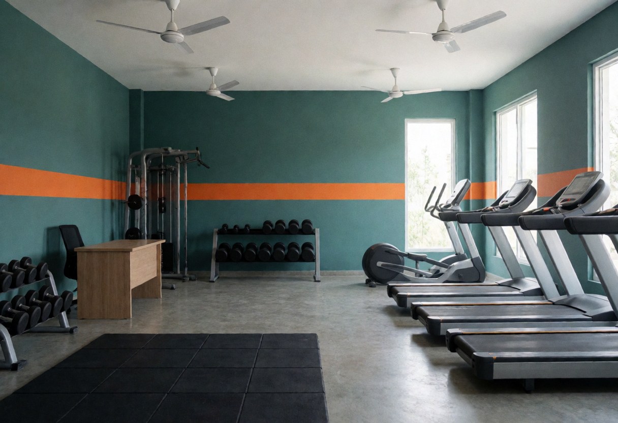 Small independent gym interior featuring teal walls, gray flooring, visible exercise machines, weights, and natural lighting creating a clean atmosphere