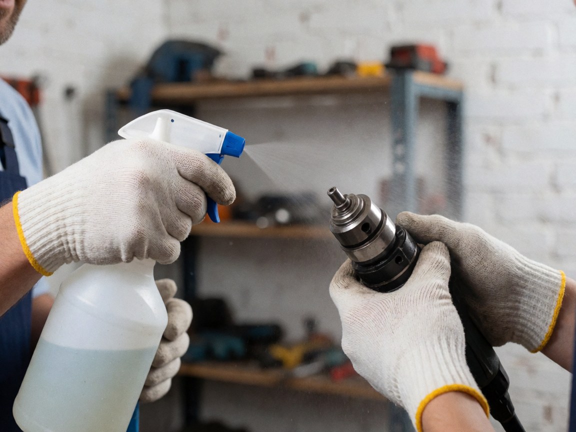 A gloved hand uses a spray bottle to disinfect a drill and other metal tools on a shelf in a professional workshop setting
