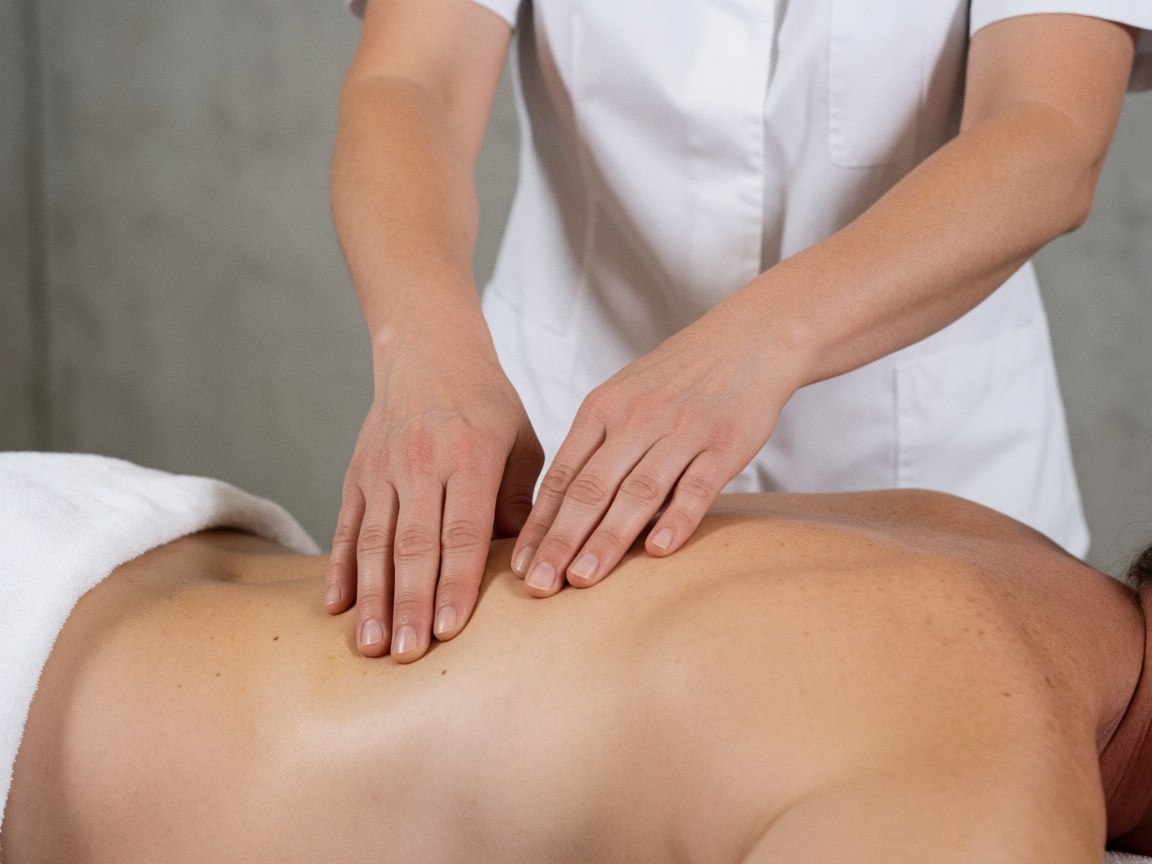 A close-up view of a therapist's hands pressing into the lower back muscles during an advanced physiotherapy session