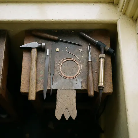 Professional jewelry repair tools arranged on a wooden workbench with natural lighting for a clean workspace