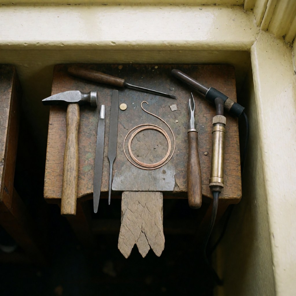 Professional jewelry repair tools arranged on a wooden workbench with natural lighting for a clean workspace