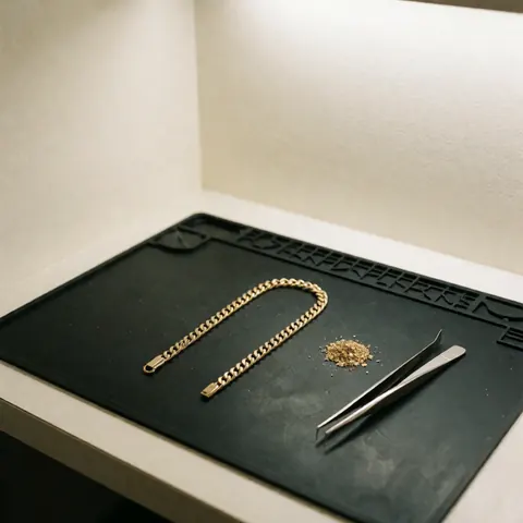Broken gold chain on black anti-static mat with precision tweezers and soldering tools for jewelry repair