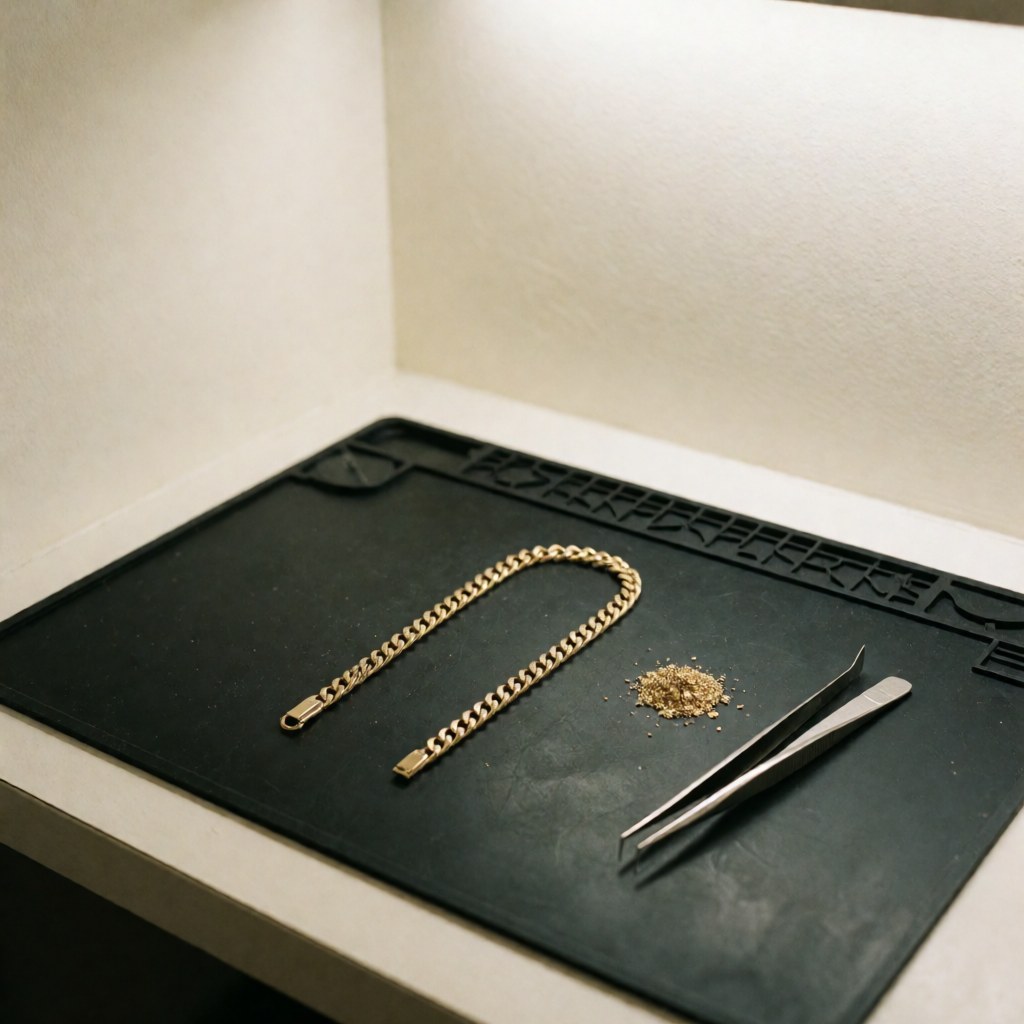 Broken gold chain on black anti-static mat with precision tweezers and soldering tools for jewelry repair