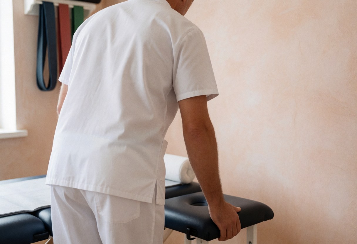 Physiotherapist in white uniform adjusting a treatment table in a clinic with terracotta walls and exercise bands hanging nearby