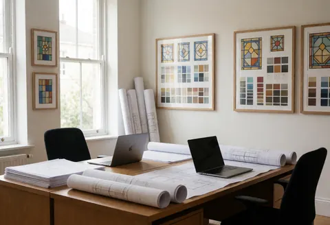Design office featuring a large wooden table, laptops, architectural blueprints, and framed colored glass samples on the walls illuminated by natural light