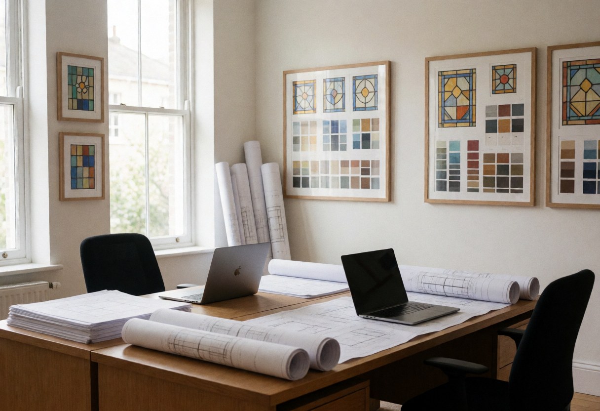 Design office featuring a large wooden table, laptops, architectural blueprints, and framed colored glass samples on the walls illuminated by natural light