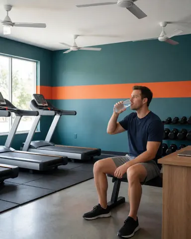 A smiling man resting in a gym, holding a water bottle after using the treadmill, with weights and exercise equipment visible in the background.