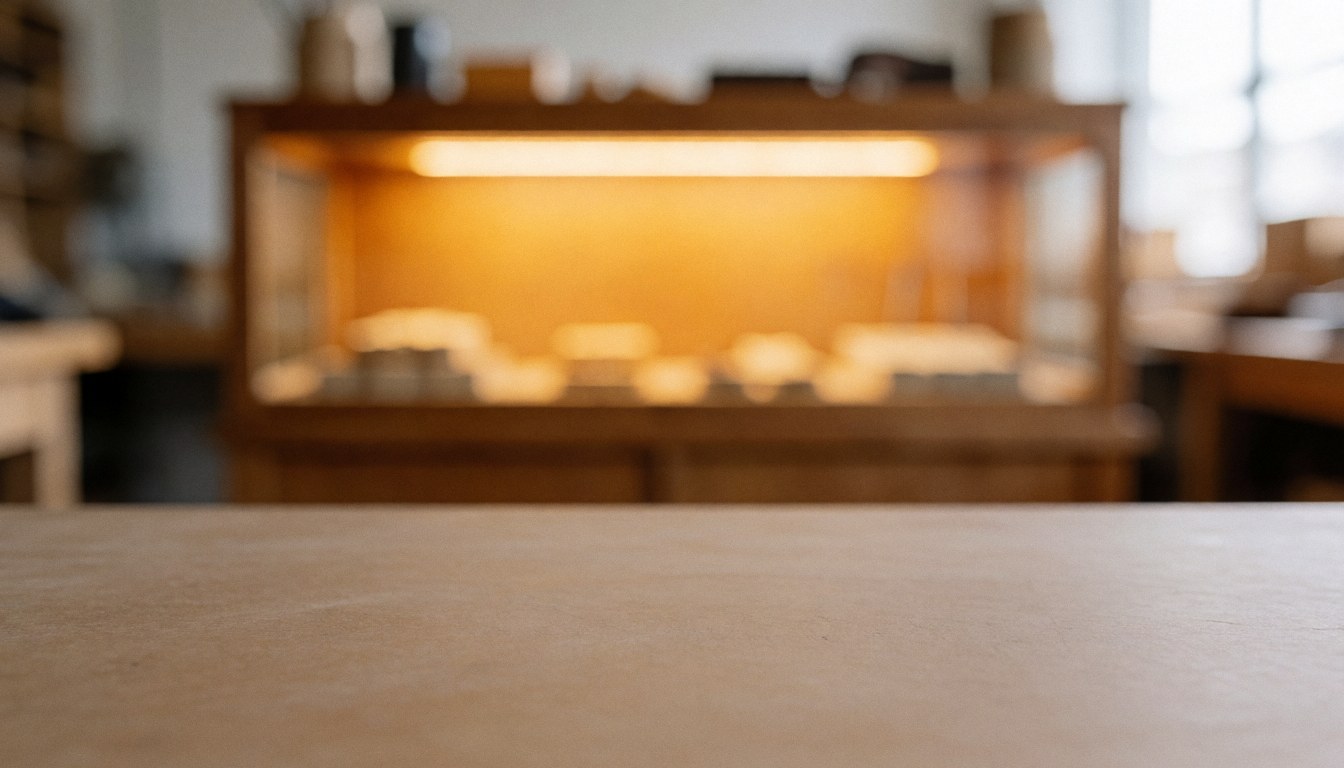 Warm wooden workshop counter with a lit display case, serving as a professional background for text and branding.