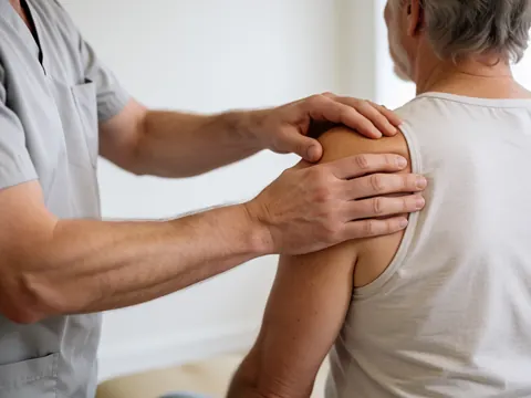 Detailed view of a therapist's hands applying pressure to a client's shoulder during a therapeutic massage session