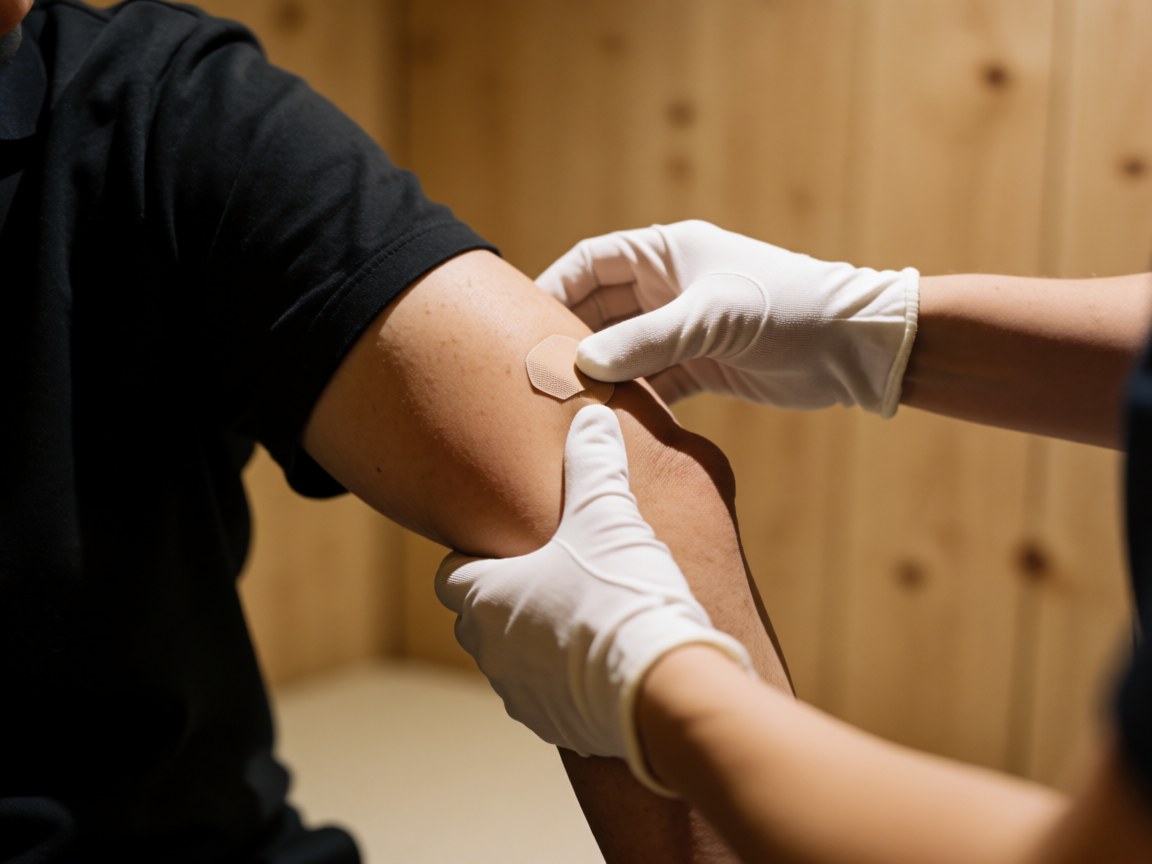 Close-up of a therapist's gloved hand carefully placing a therapeutic adhesive patch on a patient's elbow during an advanced physiotherapy session