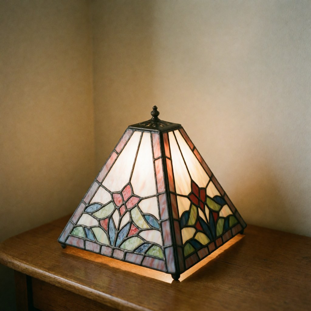 Decorative crystal lamp with metallic patina resting on a wooden table against a beige wall with warm lighting, ideal for home or glassware business