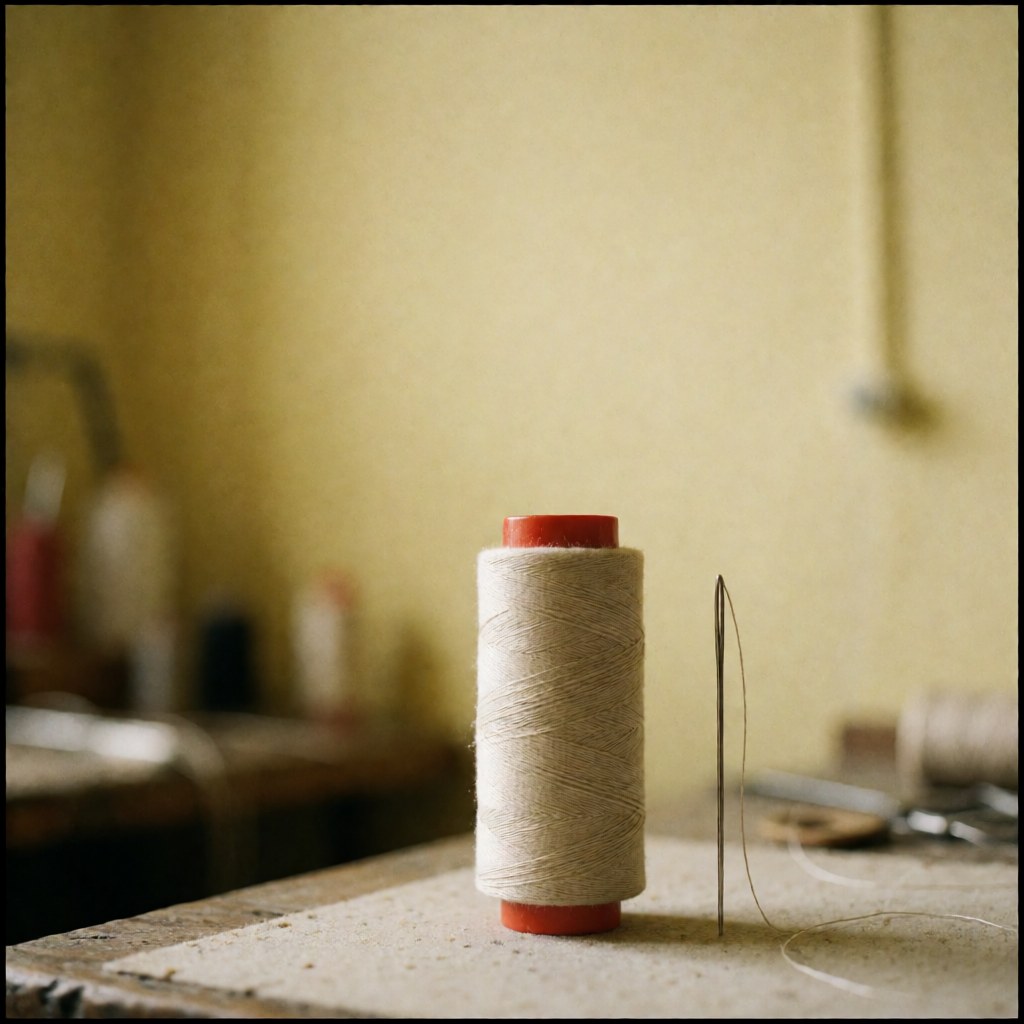 Close-up view of spools of cotton thread and sewing needles arranged on a workbench for shoe repair and cobbler crafts