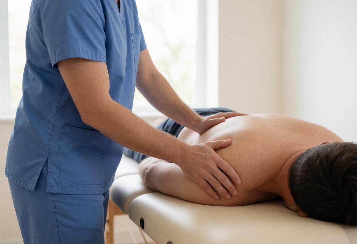A physical therapist performing manual stretching techniques on a client's shoulder during a therapy session at a clinic