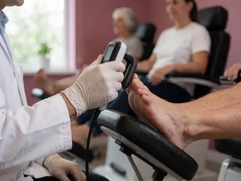 A podiatrist in white gloves uses a digital device to measure foot pressure on a seated patient in a clinic with pink walls.