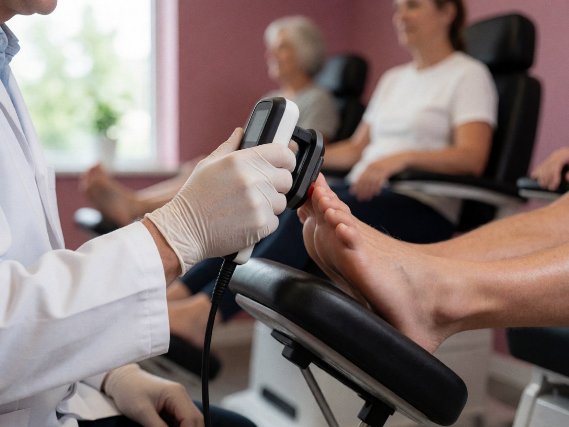 A podiatrist in white gloves uses a digital device to measure foot pressure on a seated patient in a clinic with pink walls.