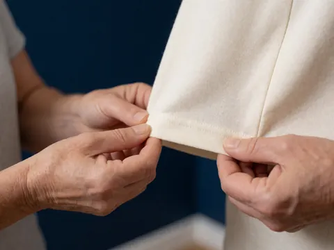 Detailed close-up view of dark blue clothing fabric texture, highlighting the weave and material quality for therapeutic or massage business contexts