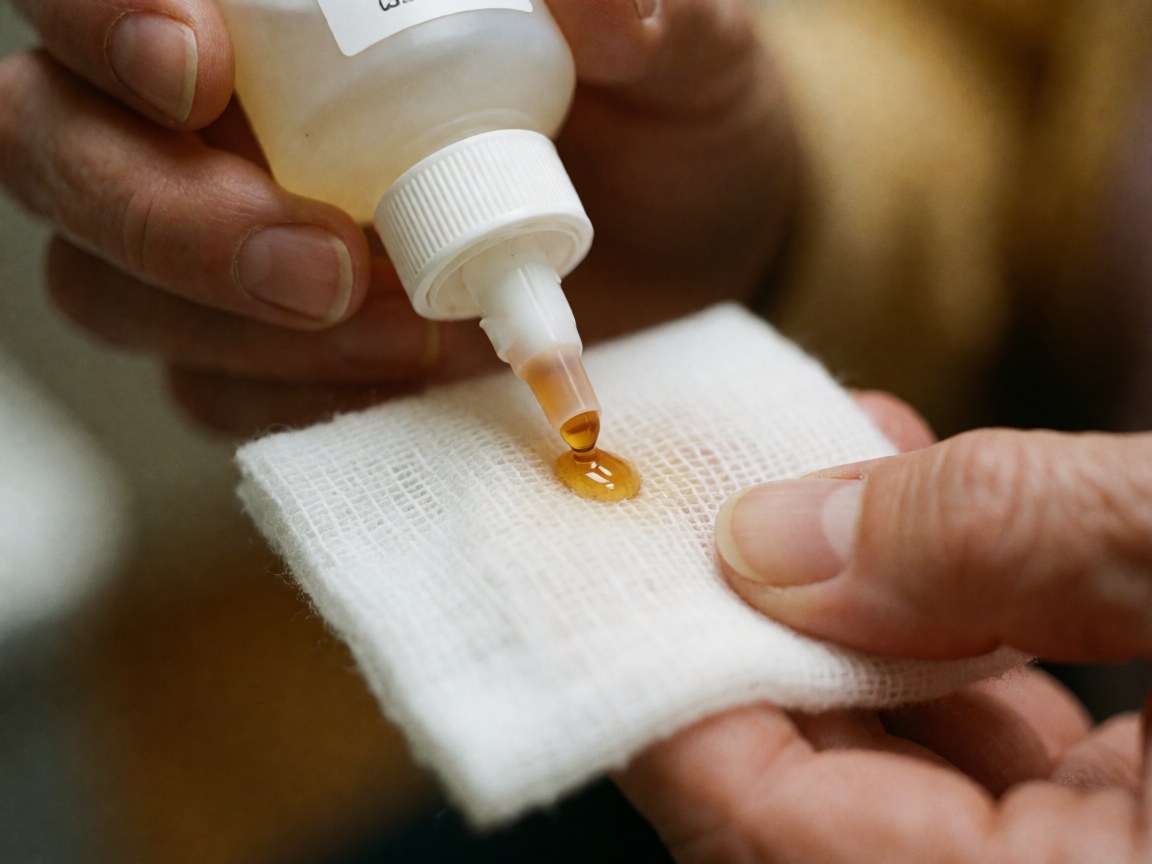 A drop of povidone iodine antiseptic falls onto white sterile gauze held by adult hands, with a blurred background and natural lighting, suitable for podiatry and wound care.