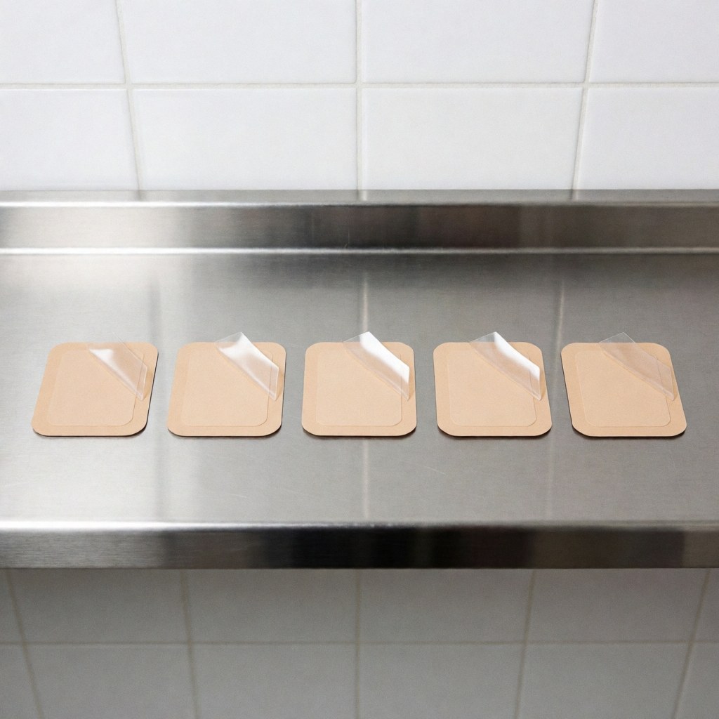 Five beige transdermal patches with partially removed clear film arranged in a row on a shiny stainless steel surface against white tiled walls, creating a clean sterile scene for osteopathy.