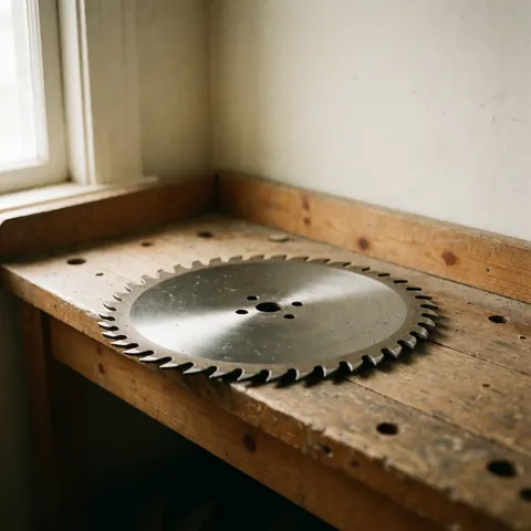 Close-up of a sharp circular saw blade resting on a rustic wooden workbench near a window with natural light, highlighting tool repair and carpentry details.