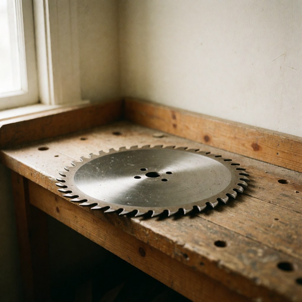 Close-up of a sharp circular saw blade resting on a rustic wooden workbench near a window with natural light, highlighting tool repair and carpentry details.