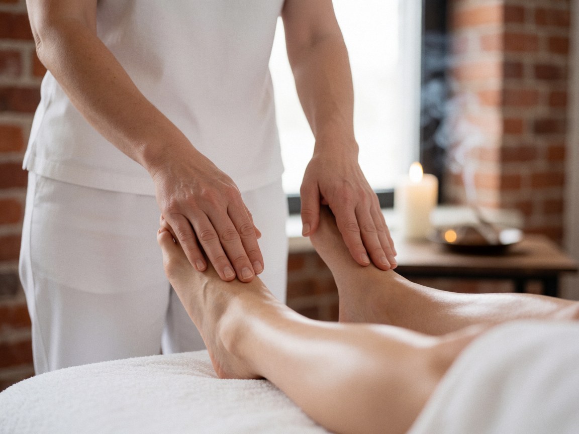 Therapist performing a relaxing foot massage on a client in a professional setting with brick walls, candles, and incense smoke.