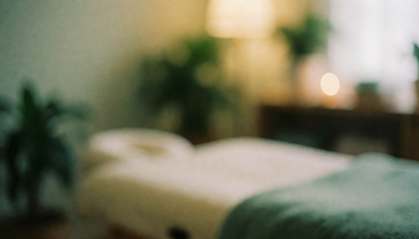 Soft focus background of a Reiki room featuring a treatment bed, green plants, and warm lighting, ideal for energy therapy and wellness text overlays.