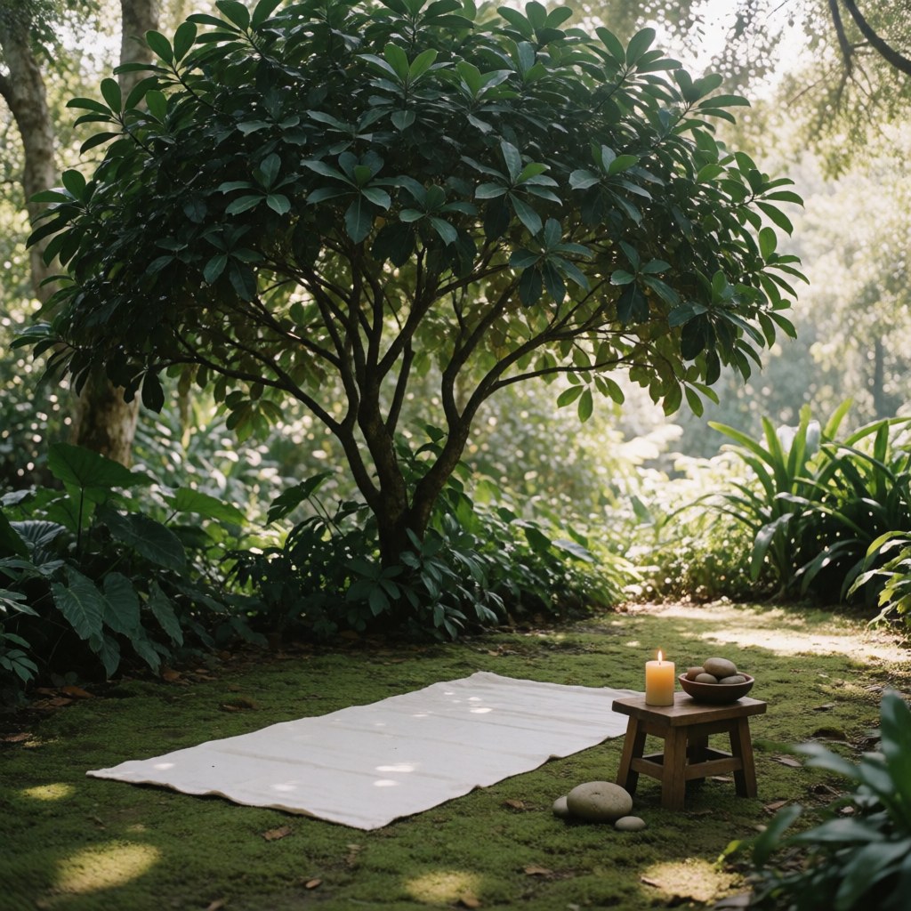 White tablecloth on moss in garden with candlestick, candle, stones, large tree, sunlight, relaxation and natural healing atmosphere