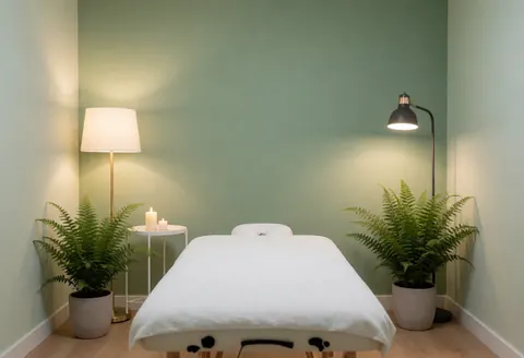 Clean and relaxing reiki room featuring a white treatment bed, green plants, lit candles, and warm lighting against green walls.