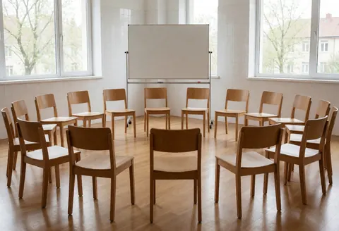 An empty classroom featuring wooden floors, white walls, and chairs arranged in a circle for meditation and wellness therapy sessions.