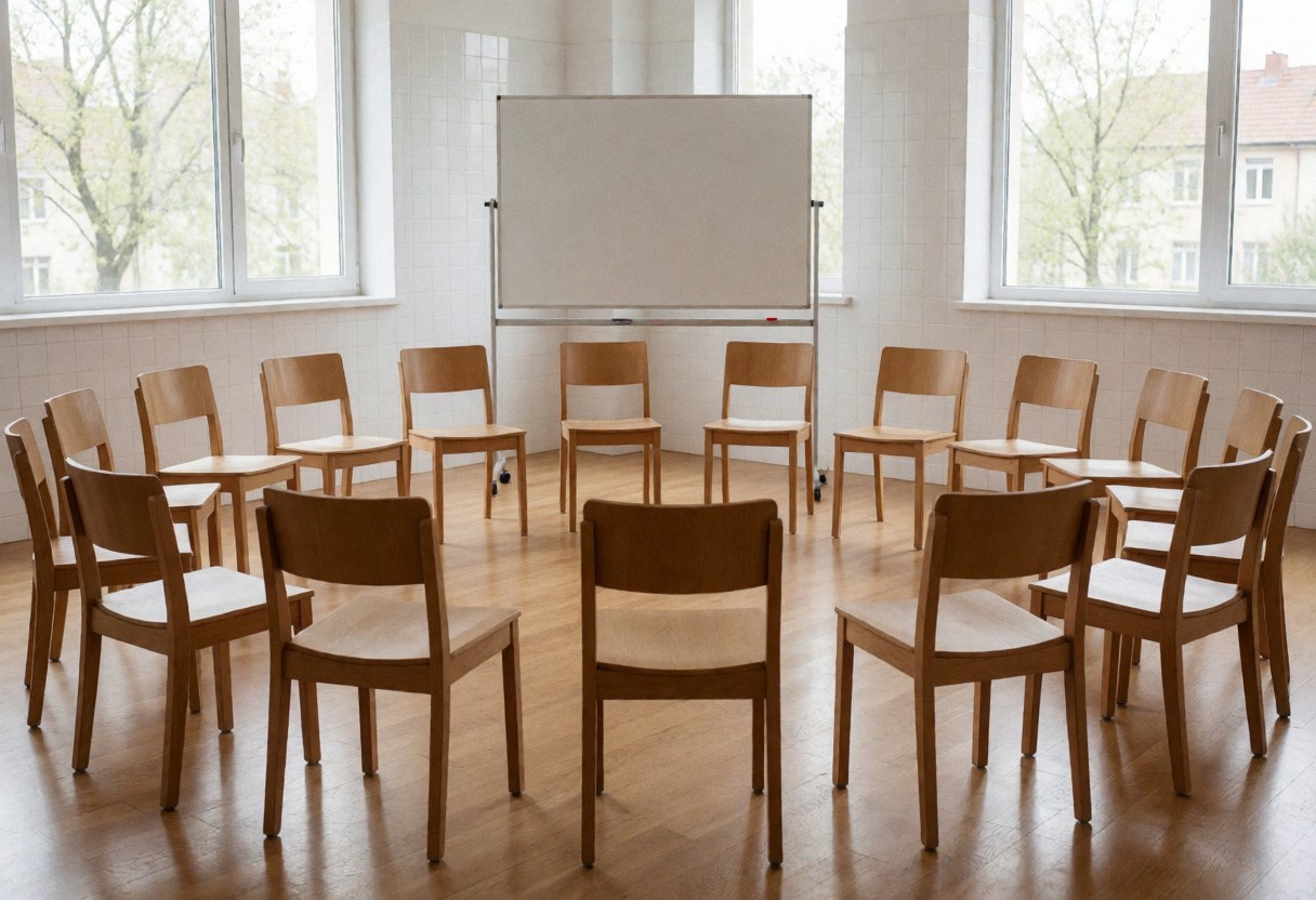 An empty classroom featuring wooden floors, white walls, and chairs arranged in a circle for meditation and wellness therapy sessions.