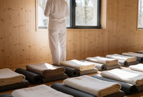 A practitioner preparing a serene room for reiki sessions, featuring yoga mats, blankets, and meditation cushions arranged for client comfort and relaxation.
