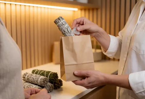 Close-up of professional hands delivering a package containing sage herbs and a crystal on a wooden surface in a warm natural setting