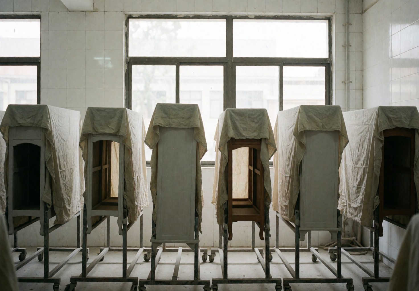 Restored furniture pieces covered with protective cloth drying in a bright room with large windows and white tiled walls