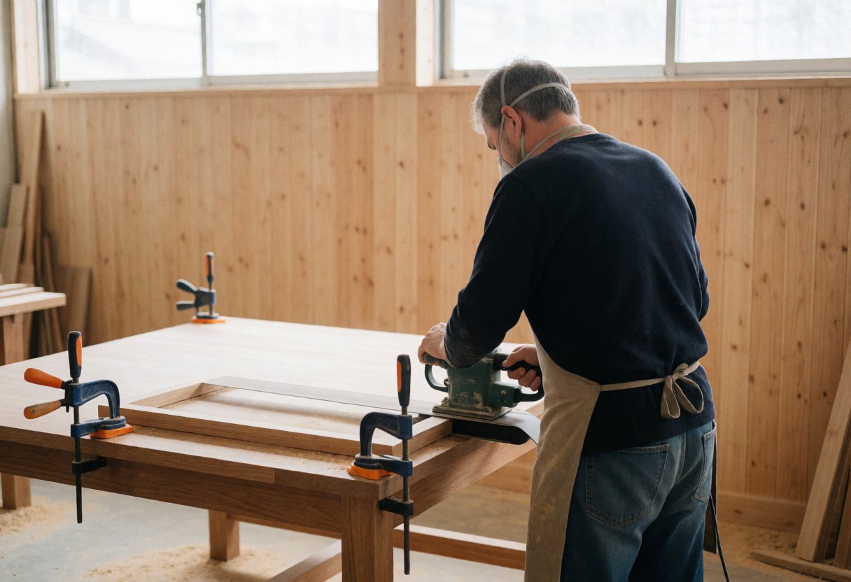 A carpenter wearing a mask and ear protection sands a wooden table by hand in a well-lit workshop