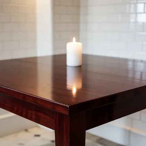 A polished wooden dining table with a white ceramic candle holder reflecting ambient light, suitable for elegant furniture repair and restoration services.