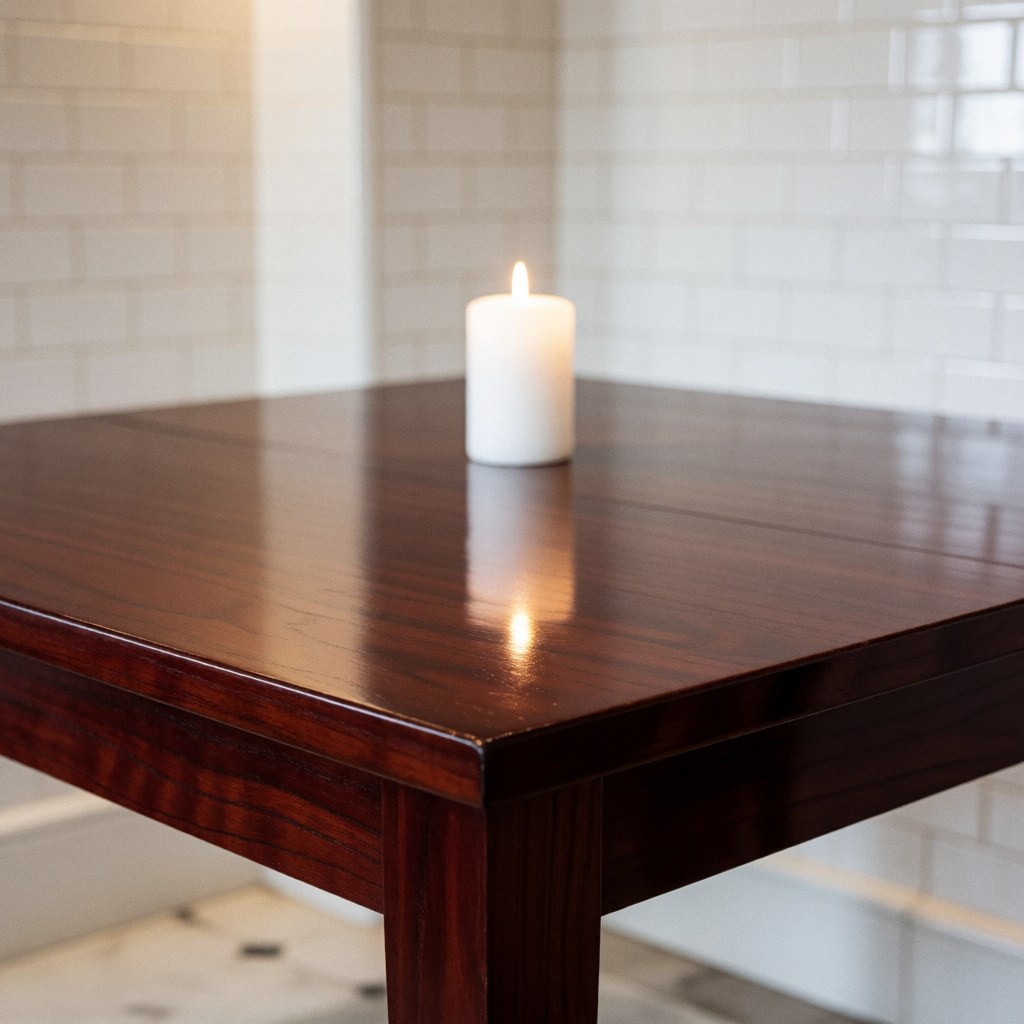 A polished wooden dining table with a white ceramic candle holder reflecting ambient light, suitable for elegant furniture repair and restoration services.