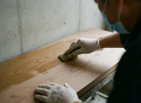 Hand wearing a glove applying matte wax with a brush on polished wood surface, concrete wall background, furniture repair scene