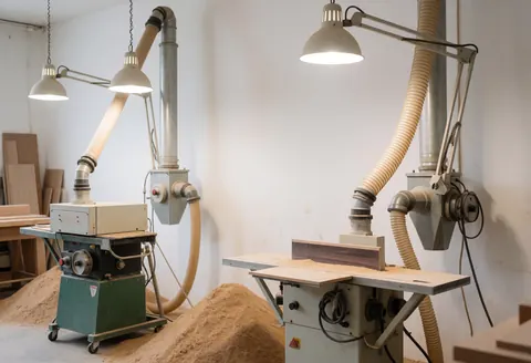 A clean sanding station with a dust collection system and overhead lighting in a professional furniture repair workshop