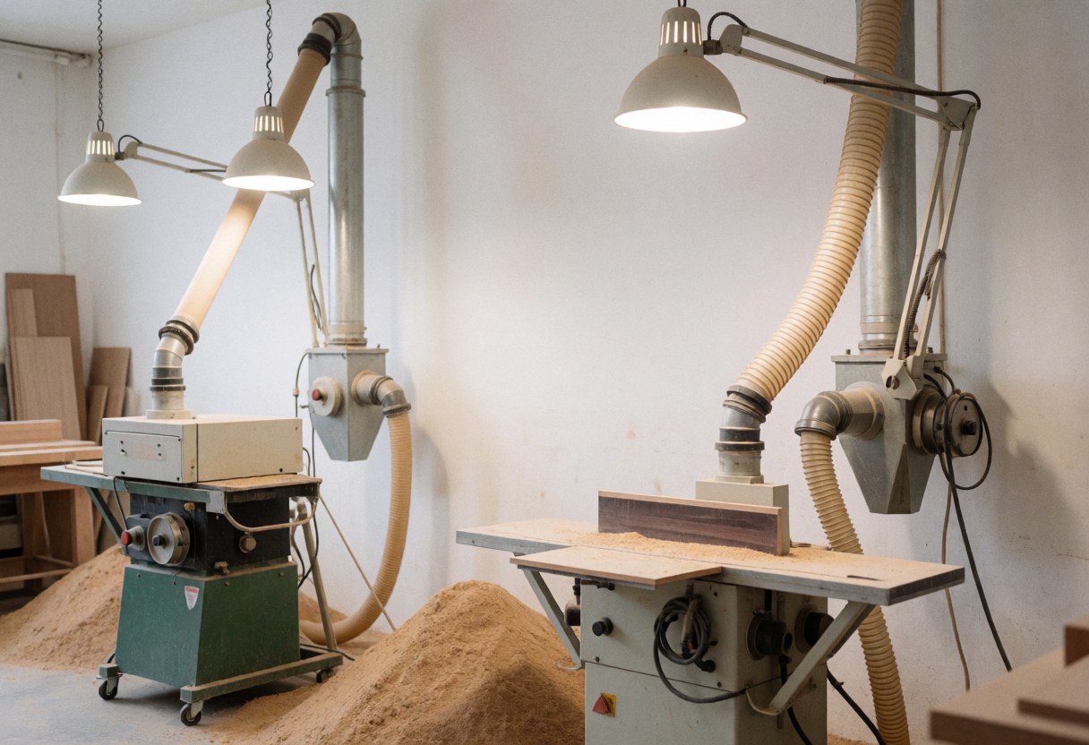 A clean sanding station with a dust collection system and overhead lighting in a professional furniture repair workshop