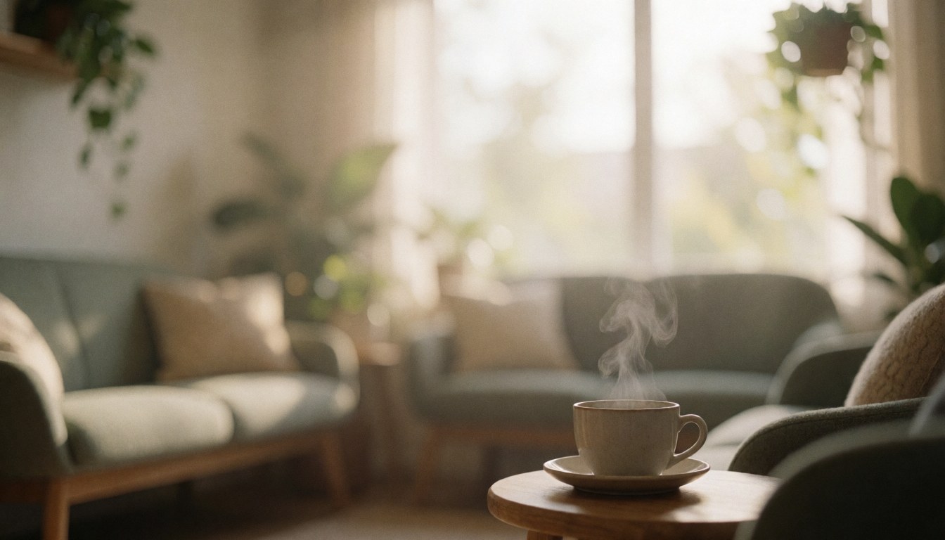 Calm waiting area featuring a sofa, potted plant, and steaming tea cup near a window, ideal for wellness and holistic therapy text overlays.