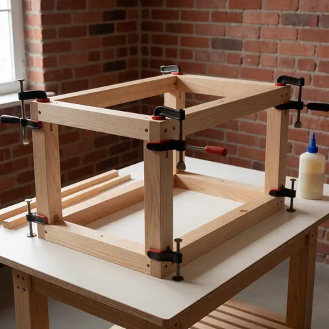 A wooden table being built in a workshop with red brick walls, featuring nails and glue for furniture repair.