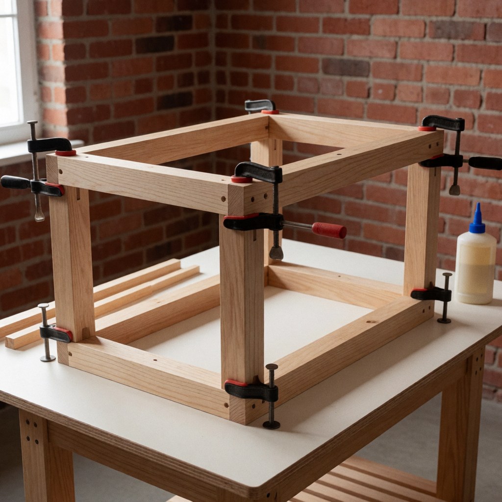 A wooden table being built in a workshop with red brick walls, featuring nails and glue for furniture repair.