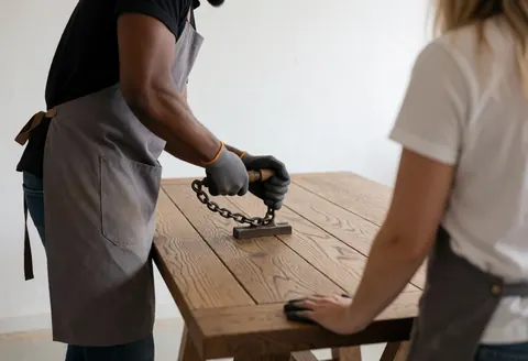 A carpenter wearing gloves and an apron works on a wooden table using a chain while another person watches the process.